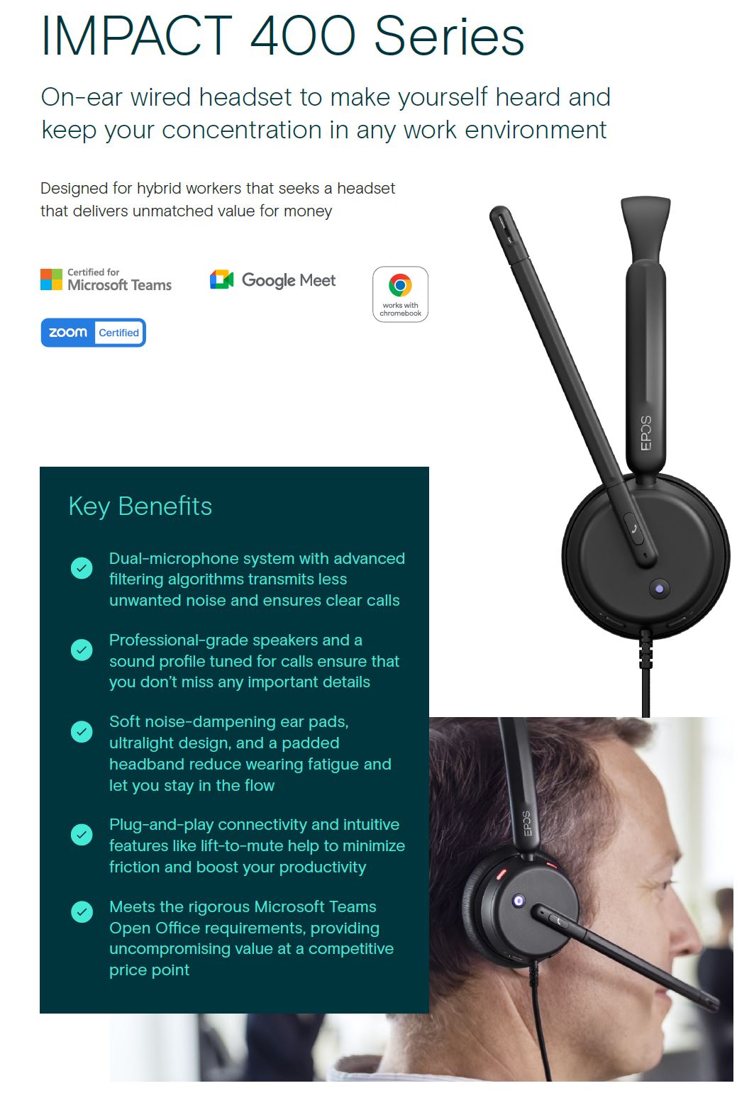 1001253 EPOS IMPACT 430T USB Wired, Team certified double-sided headset with USB (A&C) connectivity to PC/softphone Epos