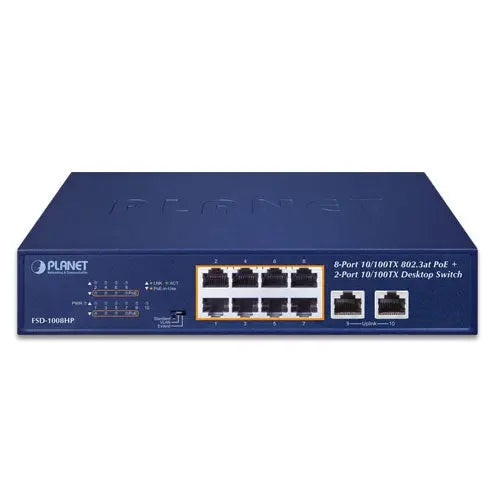 FSD-1008HP 8-Port 10/100TX 802.3at PoE + 2-Port 10/100TX Desktop Switch (120W PoE Budget, Standard/VLAN/Extend mode, fanless, 10-inch and rack-mountable)-(V2) Planet
