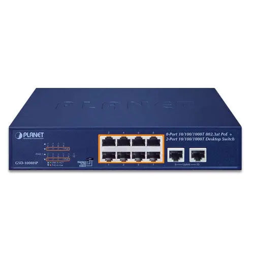GSD-1008HP 8-Port 10/100/1000T 802.3at PoE + 2-Port 10/100/1000T Desktop Switch (120 watts) - - Planet