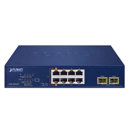 GSD-1022UP 2-Port 10/100/1000T 802.3bt PoE + 4-Port 10/100/1000T 802.3at PoE + 2-Port 10/100/1000T + 2-Port 1000X SFP Desktop Switch Planet