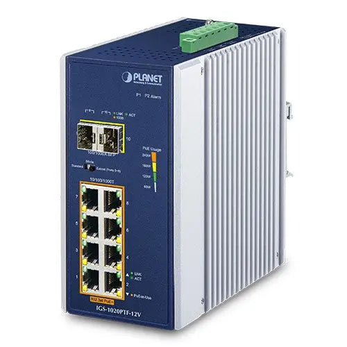 IGS-1020PTF-12V Industrial 8-Port 10/100/1000T 802.3at PoE + 2-Port 100/1000X SFP Ethernet Switch w/ 12V Booster Planet