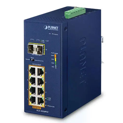 IGS-1020PTF Industrial 8-Port 10/100/1000T 802.3at PoE + 2-Port 100/1000X SFP Ethernet Switch Planet