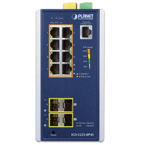IGS-5225-8P4S Industrial L2+ 8-Port 10/100/1000T 802.3at PoE + 2-Port 100/1G SFP + 2-Port 1G/2.5G SFP Managed Ethernet Switch Planet