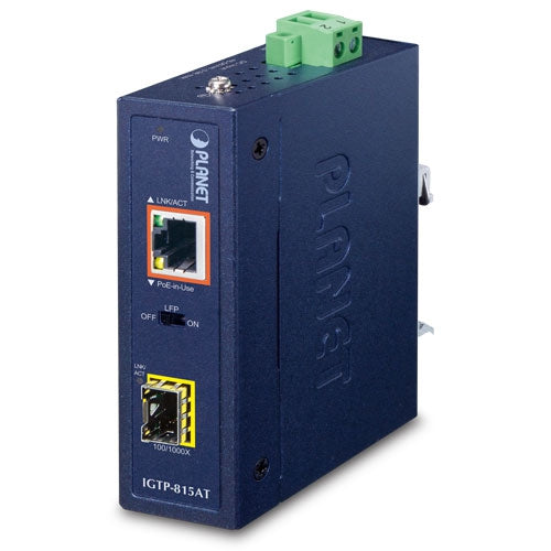 IGTP-815AT IP30 Compact size Industrial 100/1000BASE-X SFP to 10/100/1000BASE-T 802.3at PoE+ Media Converter (-40 to 75 C) - Planet Planet