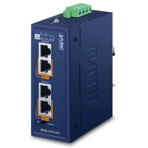IPOE-270-12V IP30 Industrial 2-Port Multi-gigabit 802.3bt PoE++ Injector (180 Watts budget, PoE Usage LED, 10M/100M/1G/2.5G/5G speed, -40 to 75 C, dual 12V~56V DC power boost) Planet