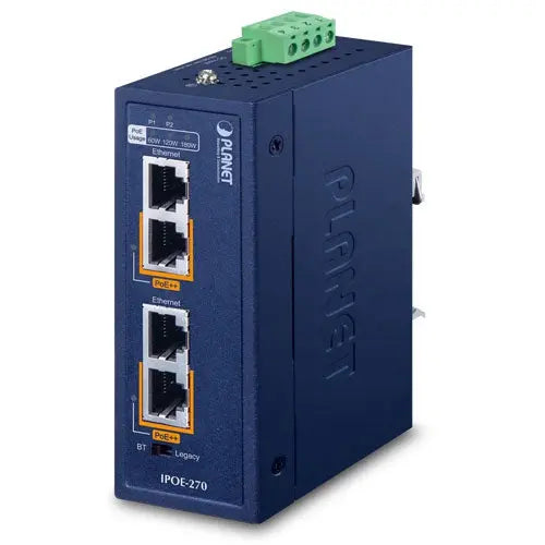 IPOE-270 IP30 Industrial 2-Port Multi-gigabit 802.3bt PoE++ Injector (180 Watts budget, PoE Usage LED, 10M/100M/1G/2.5G/5G speed, -40 to 75 C, dual 48V~56V DC) Planet