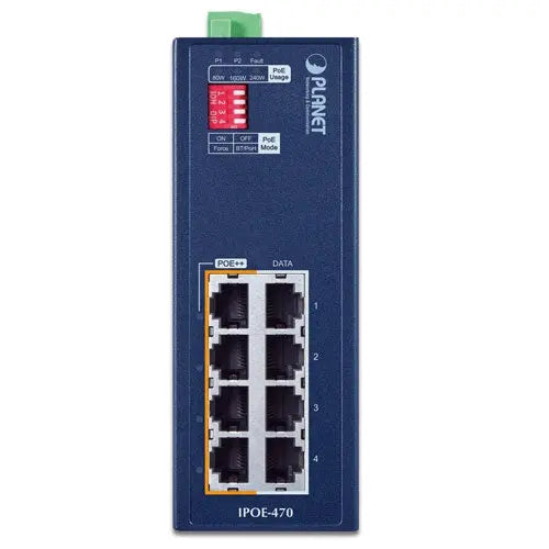 IPOE-470 IP30 Industrial 4-port 10/100/1000T 95W 802.3bt PoE++ Injector Hub (240 Watts PoE budget, PoE Usage LED, BT&PoH/Force DIP switch, -40~75 degrees C, dual 48V~54V DC) Planet