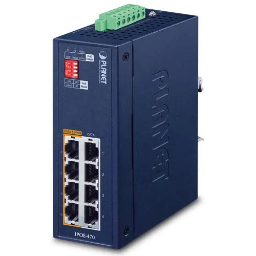 IPOE-470 IP30 Industrial 4-port 10/100/1000T 95W 802.3bt PoE++ Injector Hub (240 Watts PoE budget, PoE Usage LED, BT&PoH/Force DIP switch, -40~75 degrees C, dual 48V~54V DC) Planet