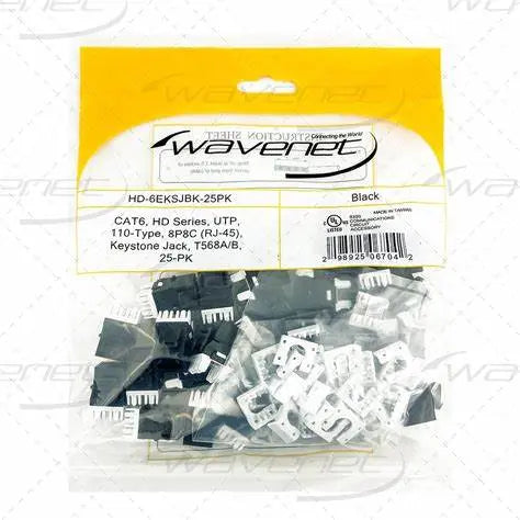 WC-HD-6EKSJBK-25PK Cat6 HD 180 Degree Keystone Jacks Black Pack of 25 Wavenet