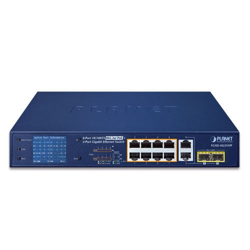 FGSD-1022VHP 8-Port 10/100TX 802.3at PoE + 2-Port Gigabit TP/SFP combo Desktop Switch with LCD PoE Monitor (120 Watts) V3 - -