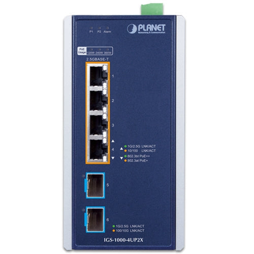 IGS-1000-4UP2X Industrial 4-Port 10/100/1000/2500T 802.3bt PoE + 2-Port 10G SFP+ Ethernet Switch Planet