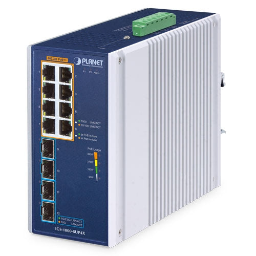 IGS-1000-8UP4X Planet - Unmanage Industrial 8-Port 10/100/1000T 802.3bt PoE + 4-Port 10G SFP+ Ethernet Switch