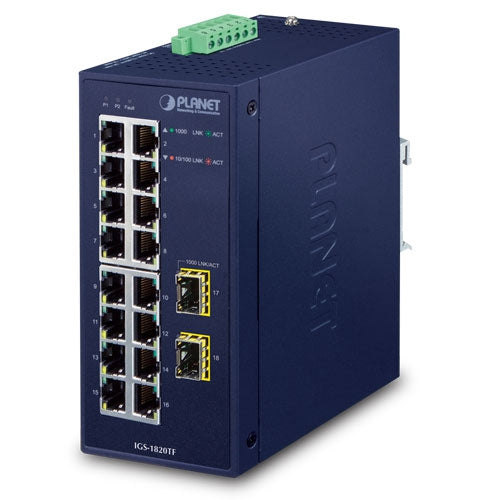 IGS-1820TF Planet Industrial 16 Port 10/100/1000T + 2 1000X SFP Ethernet Switch (-40~75 degrees C) Planet