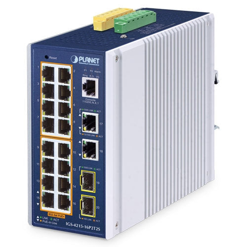 IGS-4215-16P2T2S Industrial 16-Port 10/100/1000T 802.3at PoE + 2-Port 10/100/1000T + 2-Port 100/1000X SFP Managed Ethernet Switch - Planet Planet