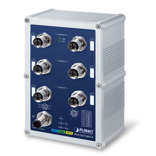 IGS-5227-6MT-X Planet Industrial IP67-rated 6-Port 10/100/1000T M12 Managed Ethernet Switch (-40~75 degrees C, X-coded M12) Planet