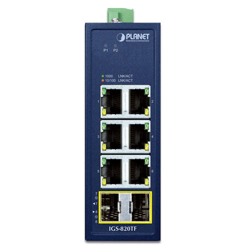 IGS-820TF Compact Industrial 6 Port 10/100/1000T + 2 1000X SFP Ethernet Switch (-40~75 degrees C) - IGS-1020TF - Planet (Copy) Planet
