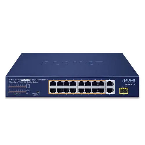 FGSD-1821P 16-Port 10/100TX 802.3at PoE + 2-Port 10/100/1000T + 1-Port Shared 1000X SFP Desktop Switch (185 Watts) Planet