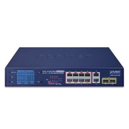 GSD-1222VHP 8-Port 10/100/1000T 802.3at PoE + 2-Port 10/100/1000T + 2-Port 1000X SFP Ethernet Switch - -