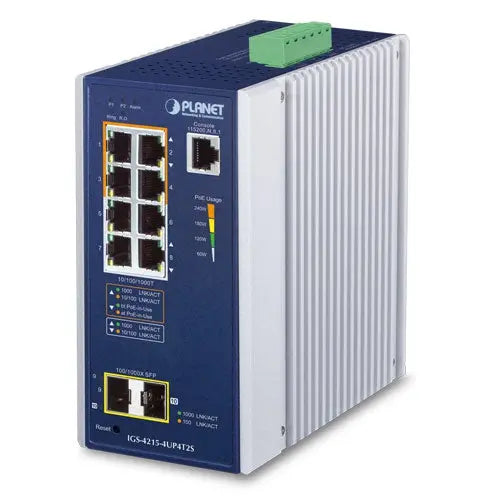 IGS-4215-4UP4T2S Industrial 4-Port 10/100/1000T 802.3bt PoE + 4-Port 10/100/1000T + 2-Port 100/1000X SFP Managed Switch Planet