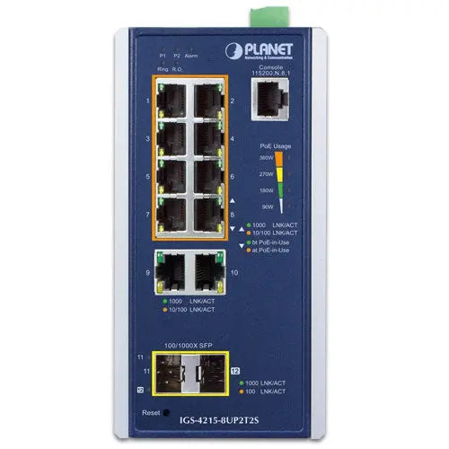 IGS-4215-8UP2T2S Industrial 8-Port 10/100/1000T 802.3bt PoE + 2-Port 10/100/1000T + 2-Port 100/1000X SFP Managed Switch Planet