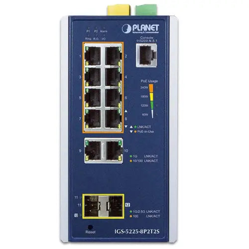 IGS-5225-8P2T2S  Industrial L2+ 8-Port 10/100/1000T 802.3at PoE + 2-Port 10/100/100T +2-Port 100/1G/2.5G SFP Managed Ethernet Switch (V4) Planet