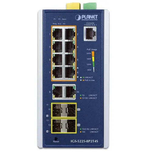IGS-5225-8P2T4S  Industrial L2+ 8-Port 10/100/1000T 802.3at PoE + 2-Port 10/100/1000T + 2-Port 100/1G SFP + 2-Port 1G/2.5G SFP Managed Ethernet Switch Planet