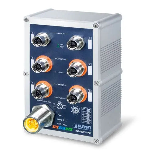 IGS-5227X-4P2T  IP67-rated Industrial L2+ 4-Port 10/100/1000T M12 802.3at PoE + 2-Port 10/100/1000T M12 Managed Ethernet Switch - Planet Planet