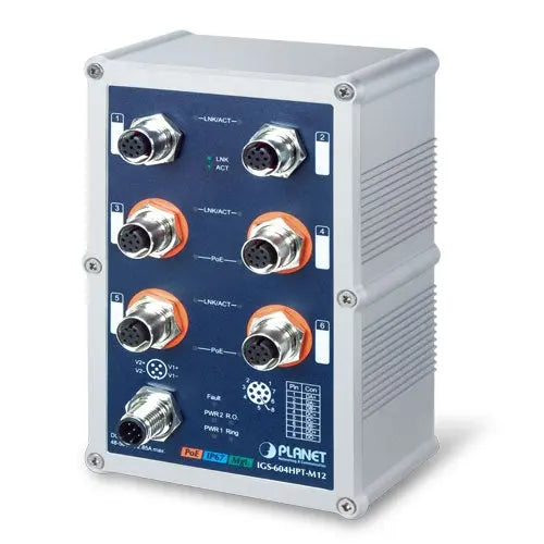 IGS-604HPT-M12    Industrial IP67 Rated 4-Port 10/100/1000T 802.3at PoE + 2-Port 10/100/1000T Managed Ethernet Switch (-40~75 degrees C) - IGS-604HPT-M12 - Planet Planet