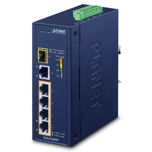 IGS-614HPT    Industrial 4-Port 10/100/1000T 802.3at PoE + 1-Port 10/100/1000T + 1-Port 100/1000X SFP Gigabit Ethernet Switch  IGS-614HPT(v2) Planet