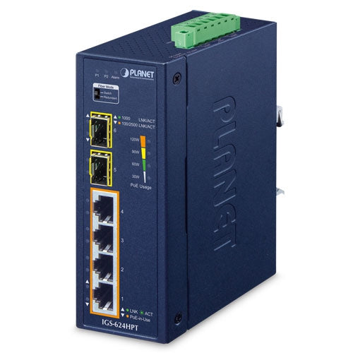 IGS-624HPT IP 40Industrial 4-Port 10/100/1000T 802.3at PoE+ w/ 2-Port 100/1000X SFP Ethernet Switch IGS-624HPT (v2) Planet