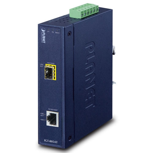 IGT-805AT IP30 Industrial 10/100/1000T to 100/1000X SFP Gigabit Media Converter (-40 to 75 degree C, dual 12~48V DC/24V AC) -