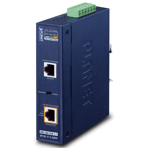 IPOE-171-60W   IP30, Industrial Single-Port Multi-gigabit 802.3bt PoE++ Injector , UPoE  (V5)  Planet