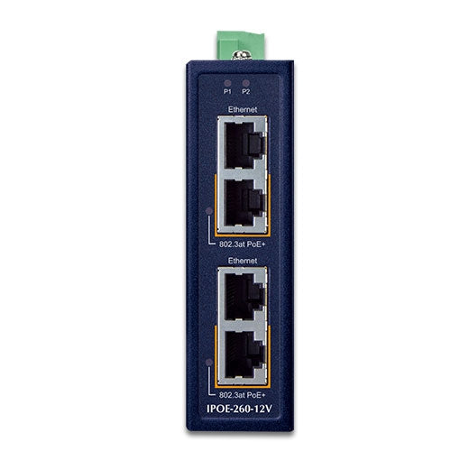 IPOE-260-12V    Industrial 2-port 10/100/1000T 802.3at PoE+ Injector w/ 12V Booster (-40~75 degrees C, 12~56VDC)