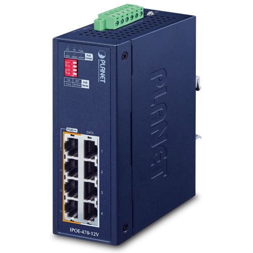 IPOE-470-12V    IP30 Industrial 4-port 10/100/1000T 95W 802.3bt PoE++ Injector Hub w/ 12V Booster (240 Watts PoE budget, PoE Usage LED, BT&PoH/Force DIP switch, -40~75 degrees C, dual 12V~54V DC power boost)