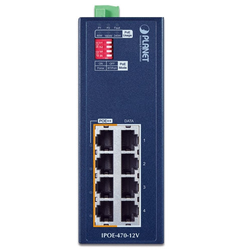 IPOE-470-12V    IP30 Industrial 4-port 10/100/1000T 95W 802.3bt PoE++ Injector Hub w/ 12V Booster (240 Watts PoE budget, PoE Usage LED, BT&PoH/Force DIP switch, -40~75 degrees C, dual 12V~54V DC power boost)