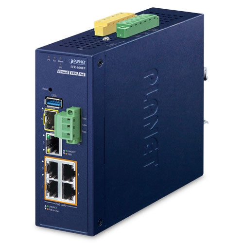 IVR-300FP Industrial 4-Port 10/100/1000T 802.3at PoE + 1-Port 10/100/1000T + 1-Port 1000X SFP VPN Security Gateway Planet