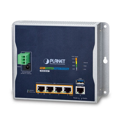 WGR-500-4P Planet -Industrial Wall-mount Gigabit Router with 4-Port 802.3at PoE+ -