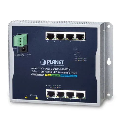 WGS-4215-8T2S    Industrial 8-Port 10/100/1000T + 2-Port 100/1000X SFP Wall-mount Managed Switch (-40~75 degrees C) Â»    - Planet