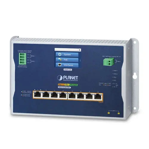 WGS-5225-8UP2SV    Industrial L2+ 8-Port 10/100/1000T 802.3bt PoE + 2-Port 1G/2.5G SFP Wall-mount Managed Switch with LCD Touch Screen Â»    - Planet
