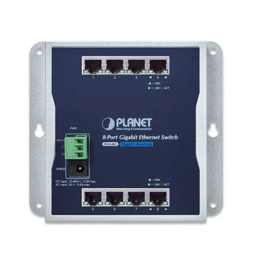 WGS-803      Industrial 8-Port 10/100/1000T Wall-mount Switch (-10~60 degrees C) - Planet
