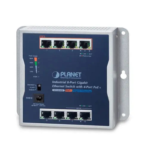 WGS-814HP Planet Industrial 8-Port 10/100/1000T Wall-mounted Gigabit Switch with 4-port PoE+ - Planet