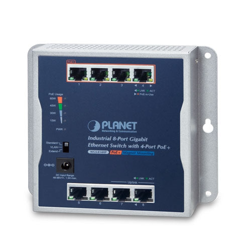 WGS-814HP Planet Industrial 8-Port 10/100/1000T Wall-mounted Gigabit Switch with 4-port PoE+ -