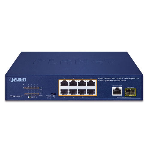 FGSD-1011HP 8-Port 10/100TX 802.3at PoE + 1-Port 10/100/1000T + 1-Port 100/1000X SFP Desktop Switch - -
