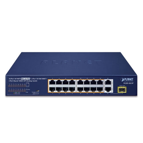 FGSD-1821P 16-Port 10/100TX 802.3at PoE + 2-Port 10/100/1000T + 1-Port Shared 1000X SFP Desktop Switch (185 Watts)