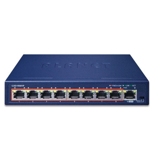 GSD-908HP 8-Port 10/100/1000T 802.3at PoE + 1-Port Gigabit Desktop Switch - (v4) -