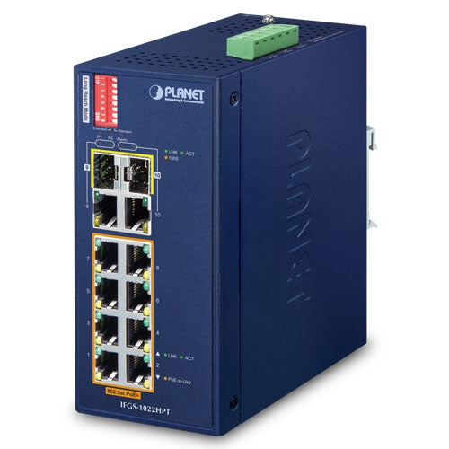Industrial 8-Port 10/100TX 802.3at PoE + 2-Port Gigabit TP/SFP Combo Ethernet Switch - IFGS-1022HPT(v2) - Planet