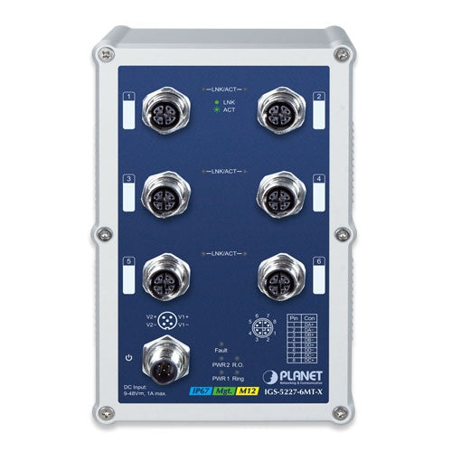 IGS-5227-6MT-X  Planet Industrial IP67-rated 6-Port 10/100/1000T M12 Managed Ethernet Switch (-40~75 degrees C, X-coded M12) Planet